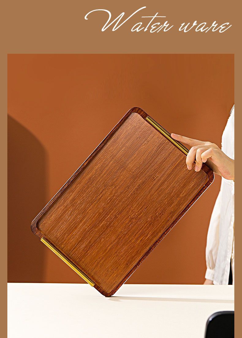 实木托盘长方形家用餐盘木质点心水果盘酒店茶盘金属带把手木盘子详情9