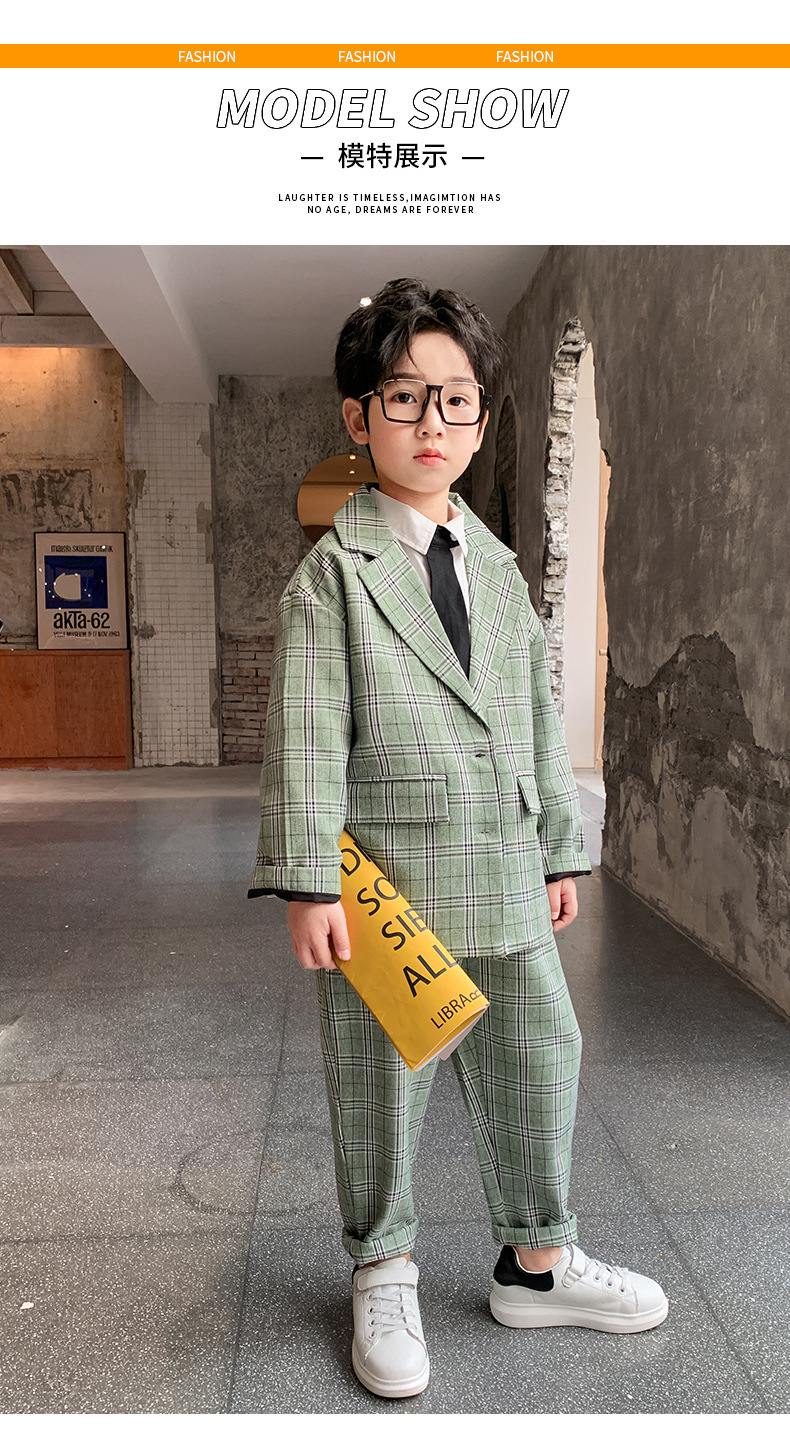 男童西装套装中大童2025春秋格子两件套帅气男孩休闲西服韩版童装详情6