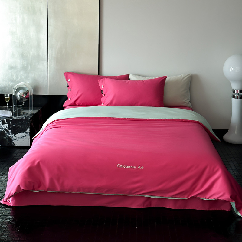 Simple, light luxury and fashionable solid-color long-staple cotton four-piece set, pure cotton letter-embroidered duvet cover, double bedding pic 71