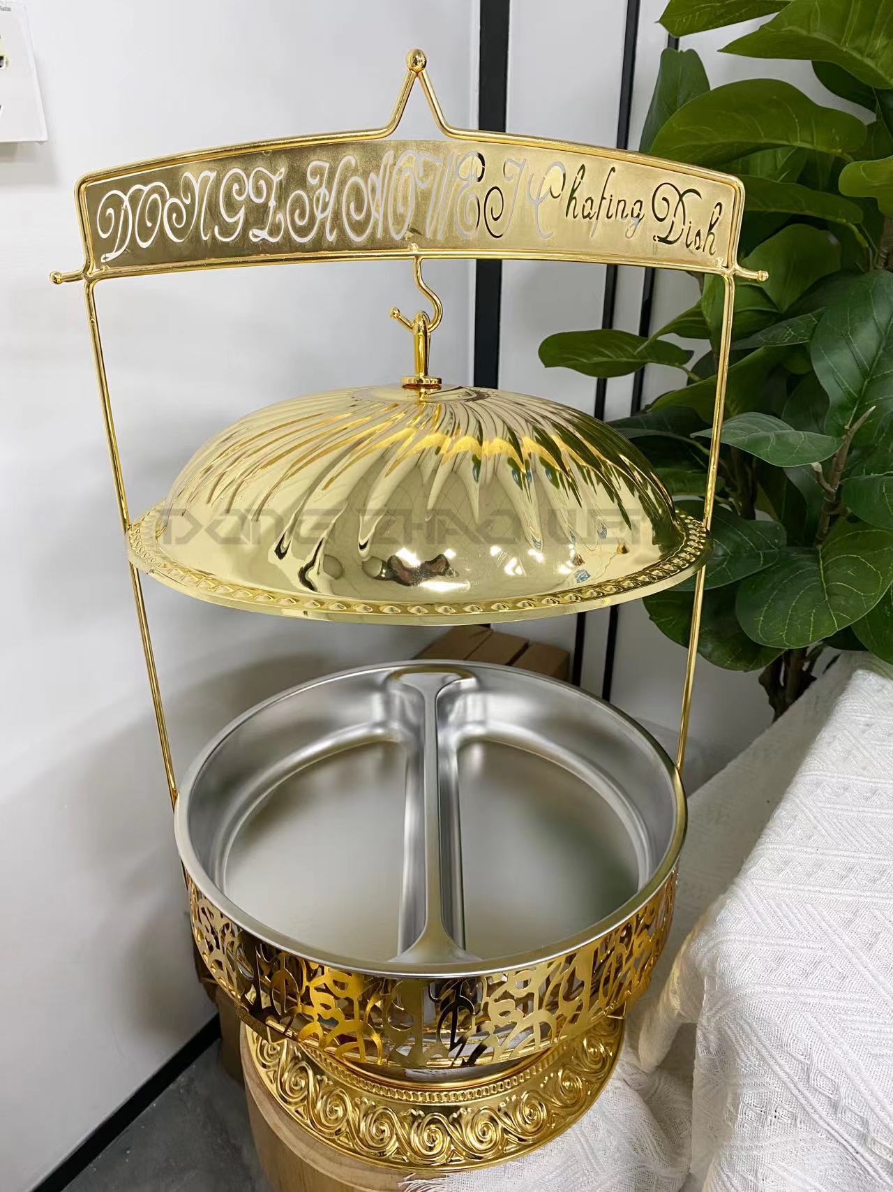 跨境出口装金色吊盖自助餐炉 婚礼酒店宴会布菲炉 食物保温炉全金详情4