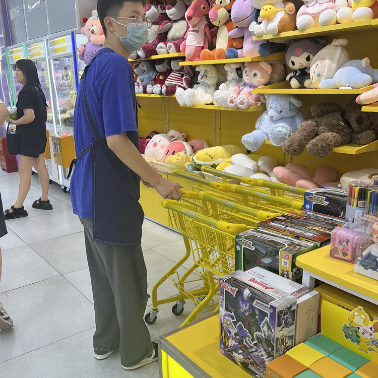 超市双层购物车抓娃娃夹机宠物零食店黄橙彩色金属网红粉色手推车详情35