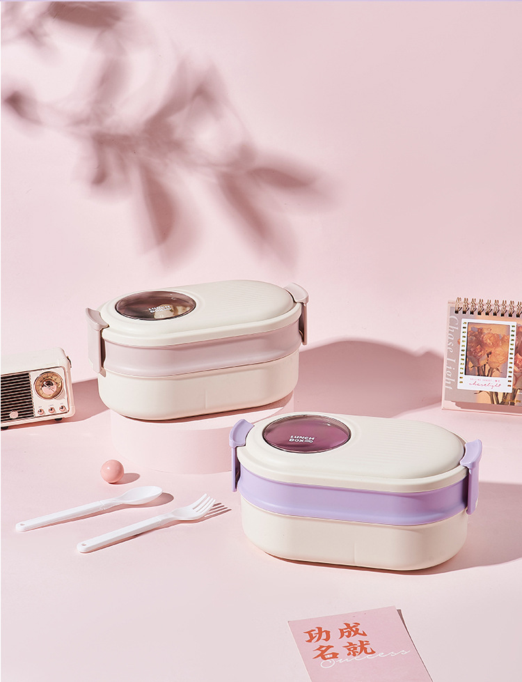 双层简约饭盒外出野餐保鲜饭盒上班族大容量便当盒餐盒含叉勺可微详情6