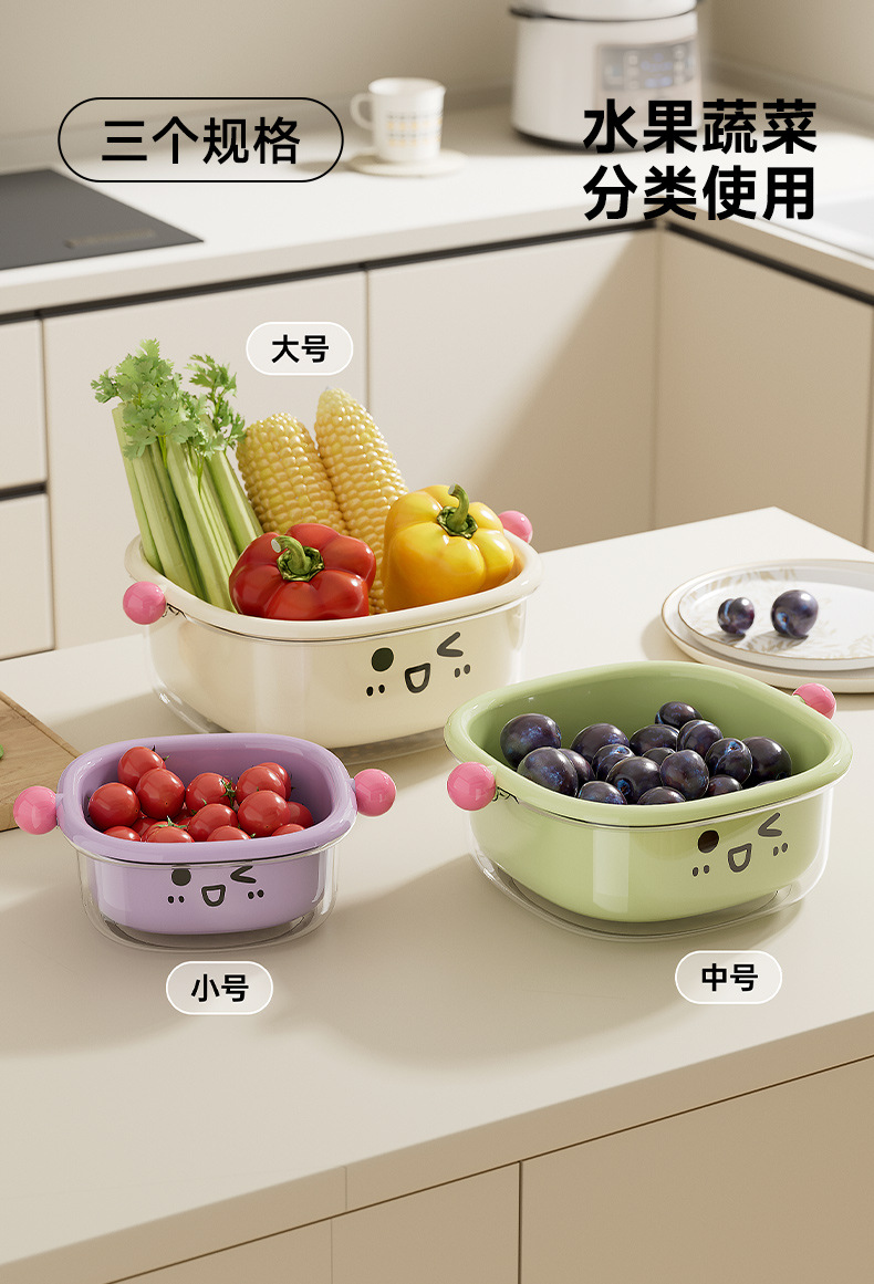 洗菜盆沥干篮双层设计多功能水果盘厨房大号可倒置防尘果蔬沥水篮详情13