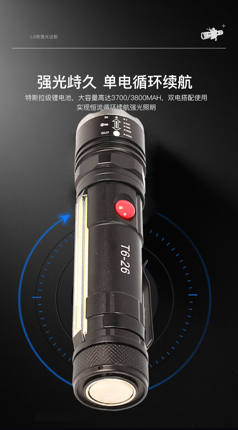 Factory direct sales outdoor high-intensity flashlight, multi-functional USB charging zoom T6, magnetic pen clip at the rear, cob side light pic 13