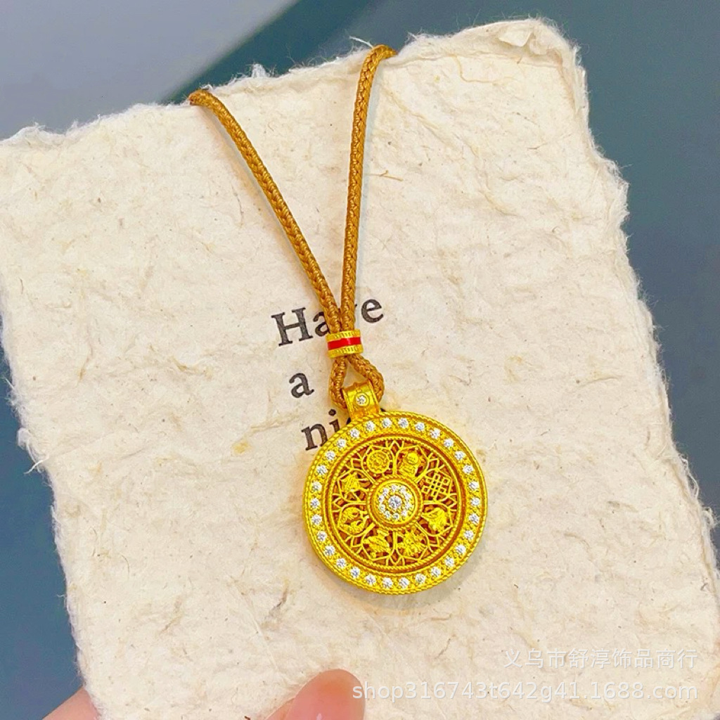 Long-lasting and colorless Vietnamese sand gold diamond-encrusted auspicious eight treasures compass and ruyi rope necklace, rotatable pendant sweater chain for women pic 2