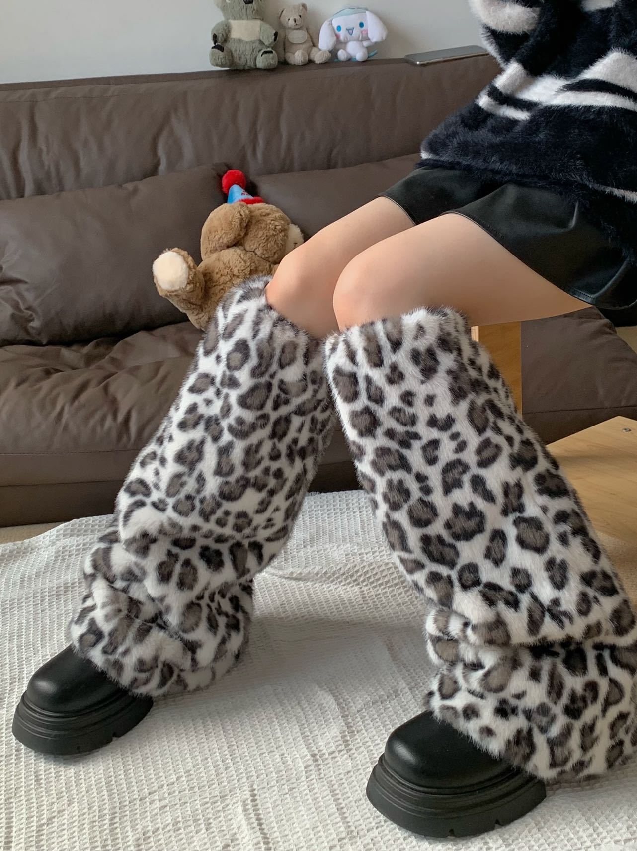 秋冬保暖加厚袜套阔腿豹纹靴套ins咖棕色毛毛绒JK腿套毛茸辣妹女详情2