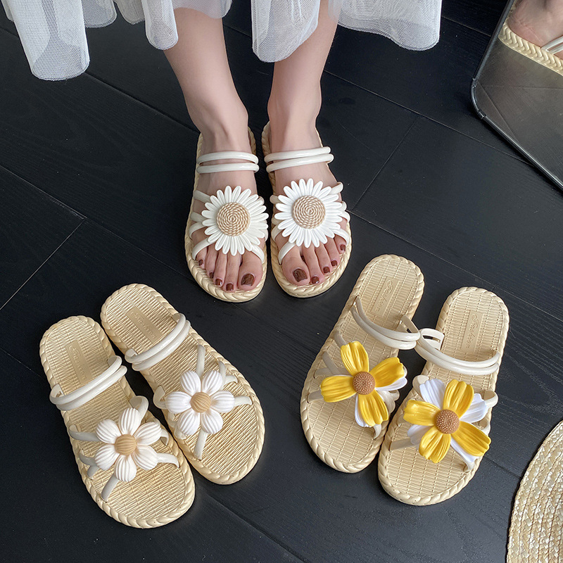 新款时尚花朵女鞋夏季草编拖鞋民族风罗马鞋沙滩一字拖两穿鞋凉鞋详情17