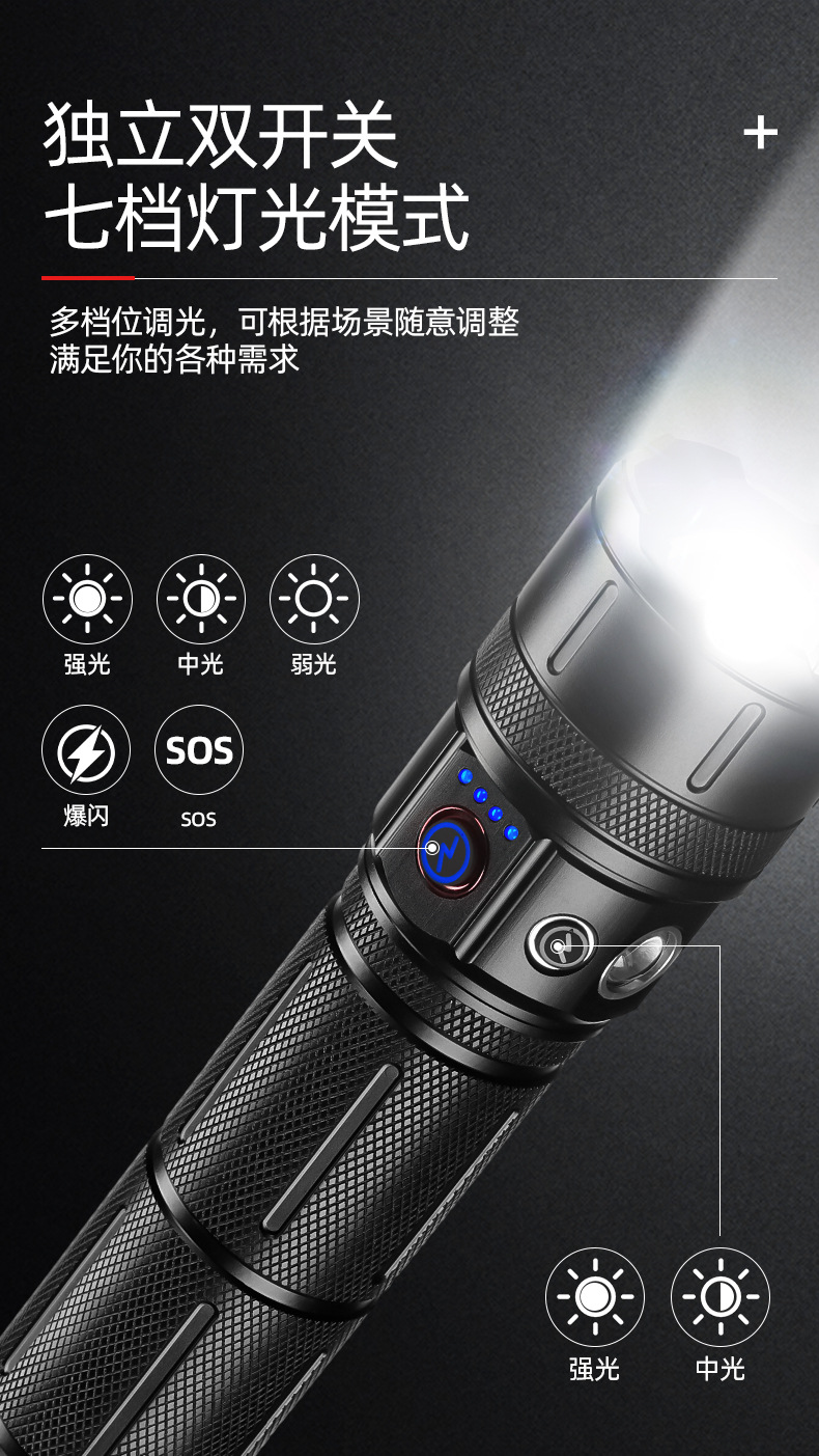 New cross-border multi-functional outdoor white laser flashlight with charging capacity display output LED emergency strong light flashlight pic 11