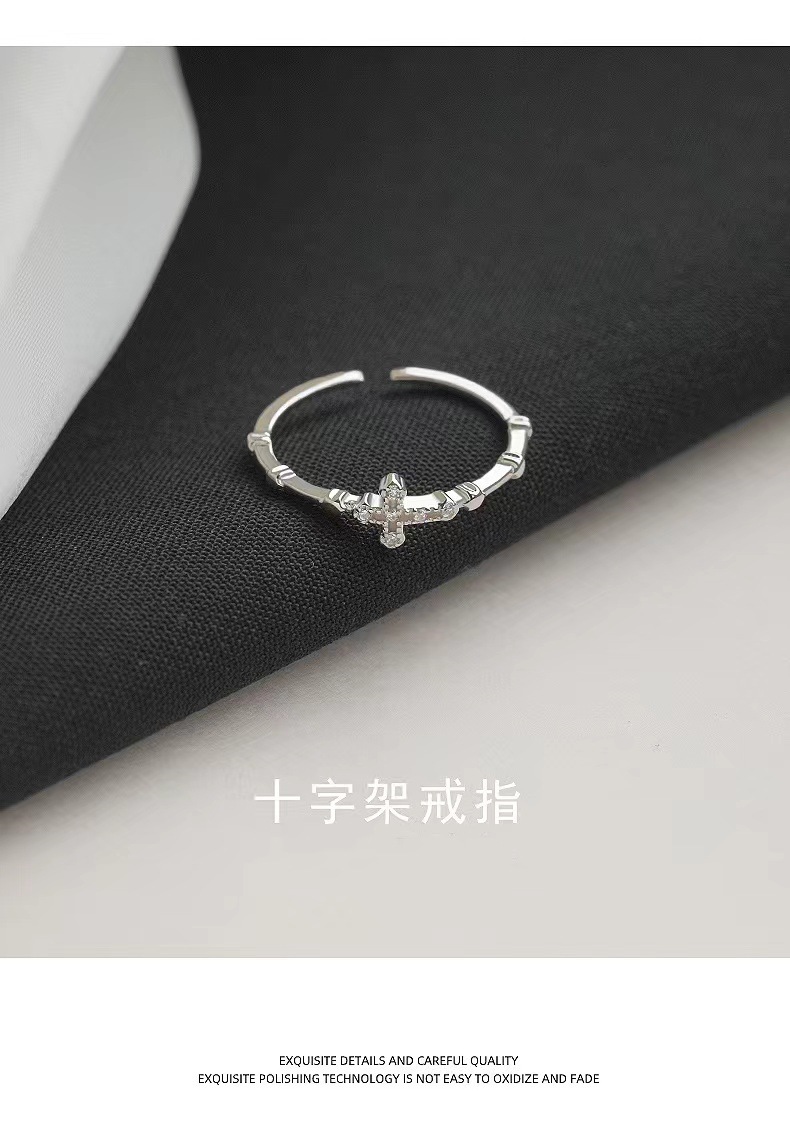 925 silver-plated cross ring, a niche design for women, a high-end open plain ring, fashionable and individual, adjustable food ring pic 1