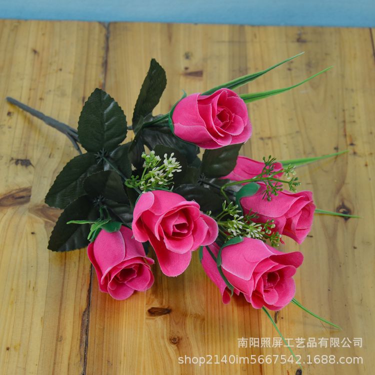 照屏仿真花厂家批发仿真玫瑰花仿真绢花七头春蕾把花小假花花束详情13