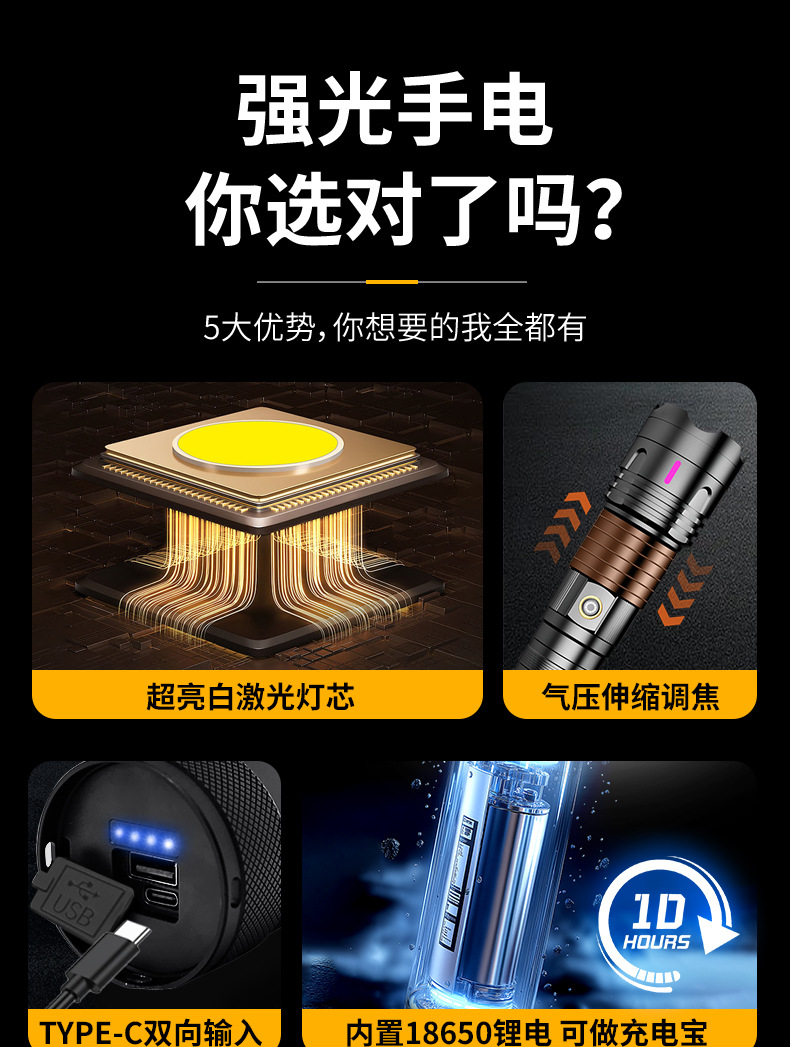 Cross-border tactical long-range flashlight, outdoor emergency lighting lamp, zoom long-range strong light, portable large laser lamp, lighting fixtures, dedicated pic 3