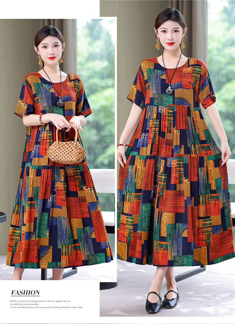 妈妈棉绸连衣裙夏季中老年女装短袖高端气质外贸人造棉裙子有口袋详情18