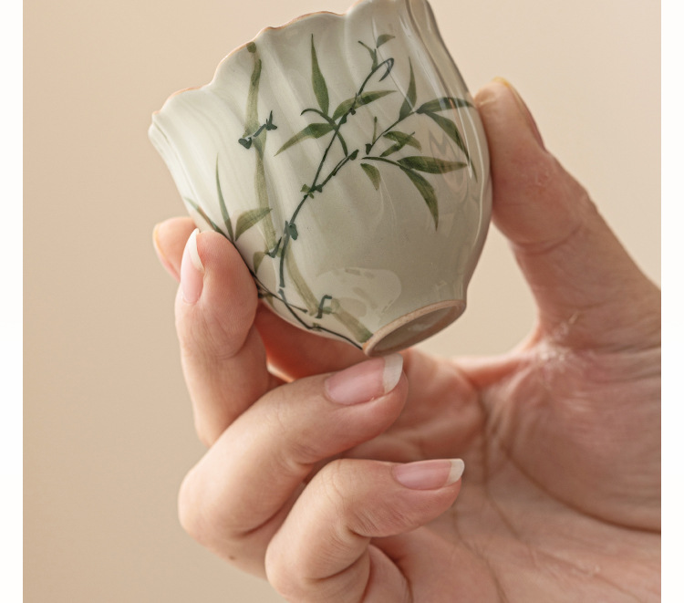 厂家翠绿文竹花型茶杯主人杯陶瓷功夫喝茶小杯子草木灰闻香品茗杯详情12