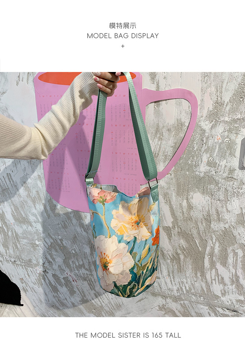 大容量国风印花水桶包女创意花卉个性手提单肩包设计感休闲斜挎包详情24