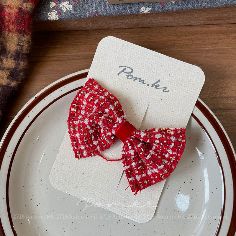 新款韩版红色系蝴蝶结发夹手工布艺儿童侧边碎发刘海夹甜美边夹女红色蝴蝶结发夹 毛呢网纱款带装饰 含皇冠玩偶 少女喜庆精致发详情5