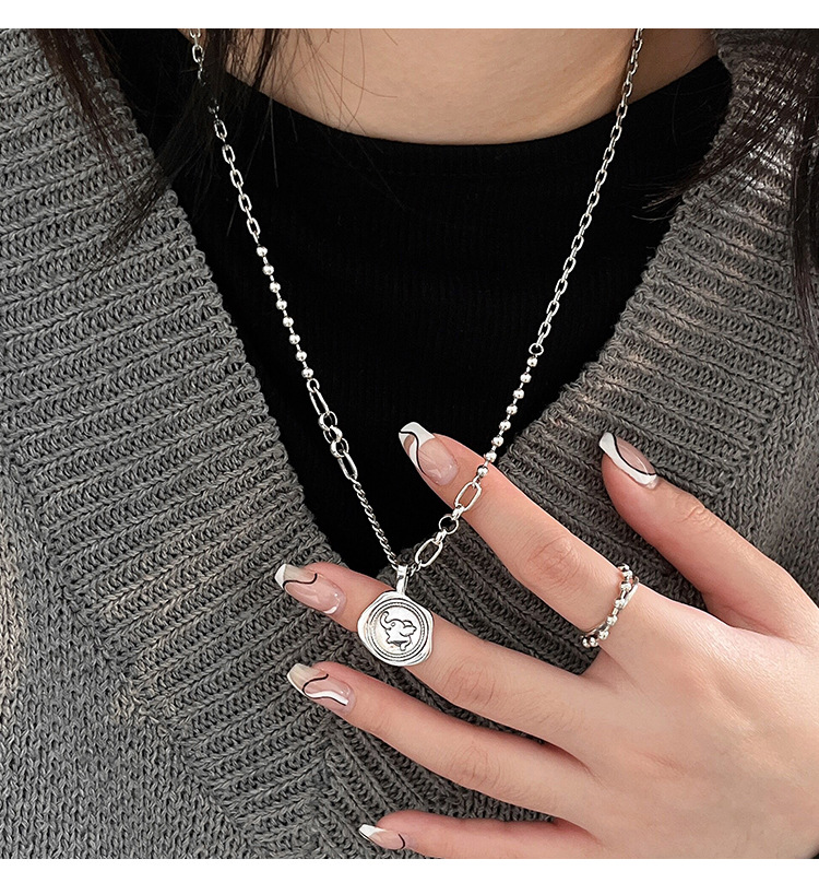 S925纯银复古圆牌小象图章项链女韩风高雅感毛衣链小众饰品精品详情9