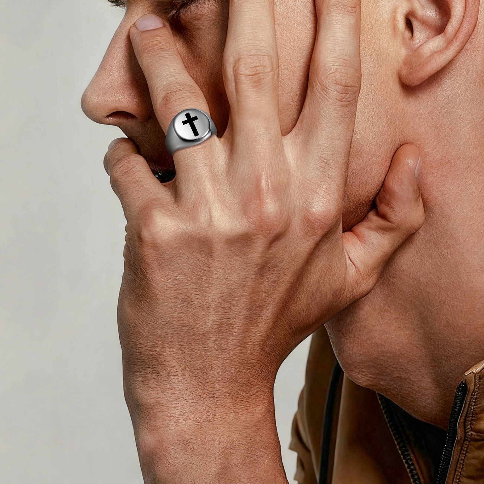 304 stainless steel ring, personalized punk seal design jewelry, hip-hop cross ring, cross-border European and American jewelry pic 3