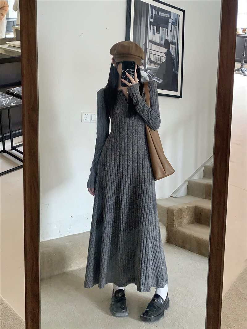 Retro, simple and versatile knitted long-sleeved dress for women, spring waist-cinching and slimming A-line dress, new autumn and winter base long dress pic 41