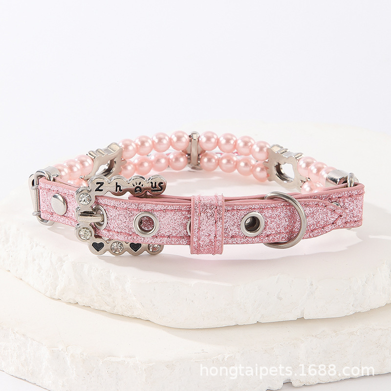 New pet beaded large bone pendant collar, small cat and dog simulation pearl water diamond cat head beaded cat chain necklaces pic 14