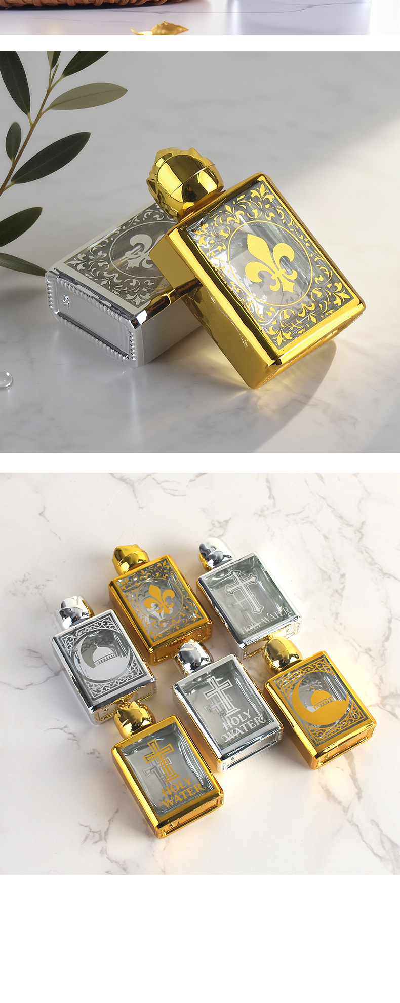 Cross-border 15ml electroplated UV perfume bottle, baptism holy water bottle, rose luxury embossed gold essential oil glass bottle pic 4