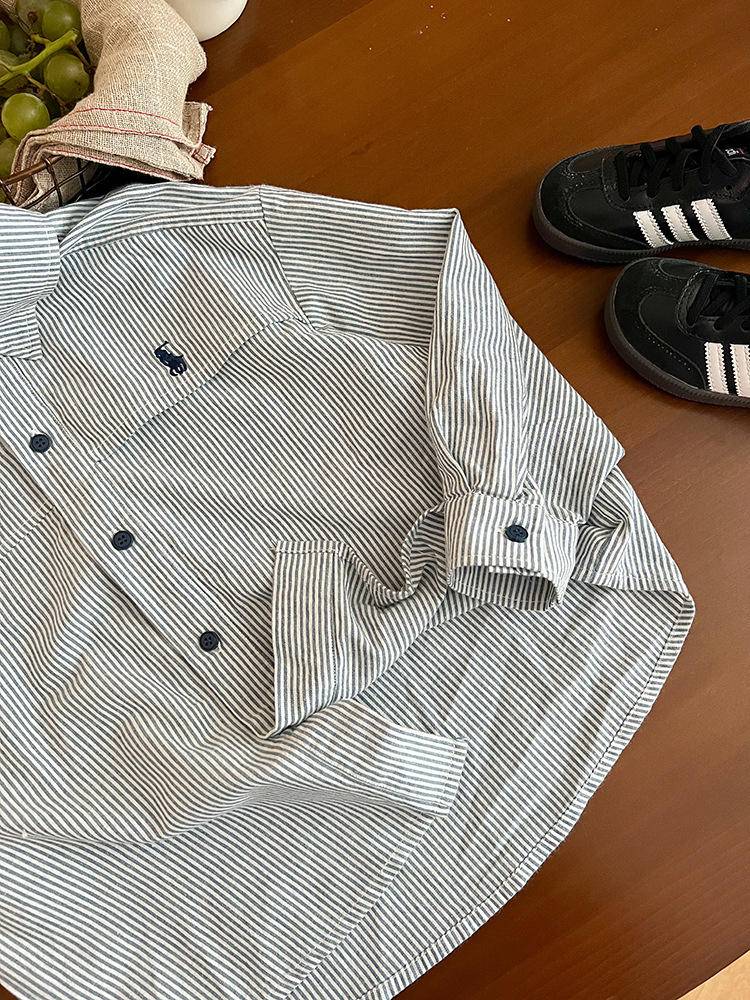 艾摩贝贝2024秋男女童竖条纹刺绣水洗全棉衬衫中大童气质翻领上衣详情8