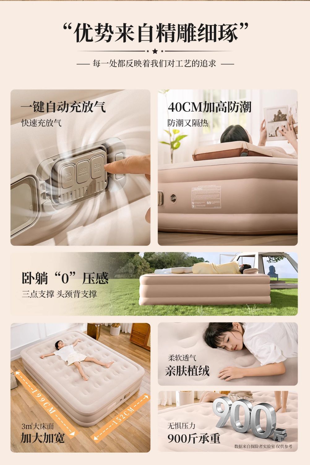 米色加厚自动充气床垫户外便携式露营野营打地铺午休折叠双人床垫详情2