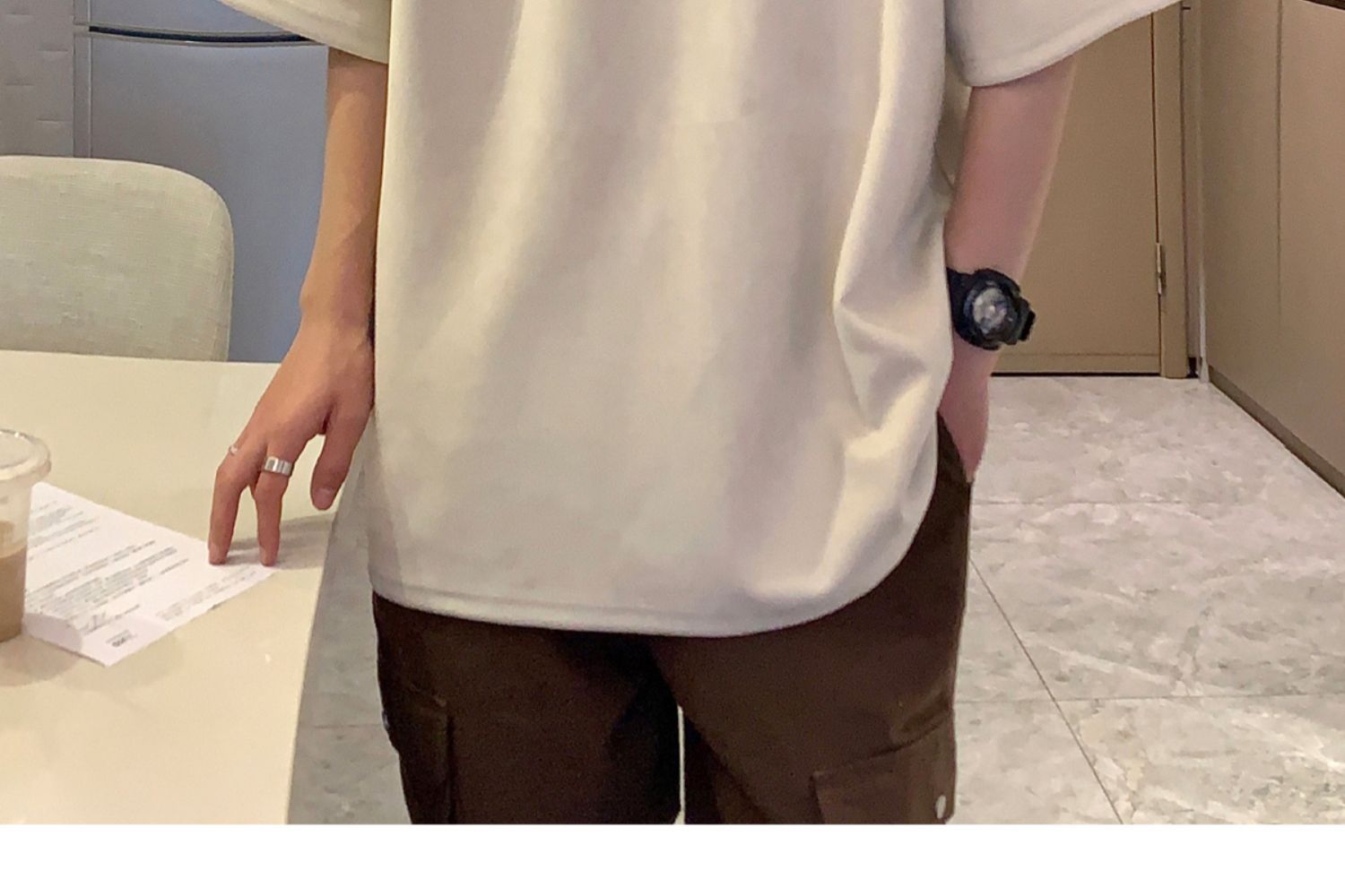 Avocado Green 320g heavyweight T-shirt for men, American retro suede short-sleeved, oversized small collar, three-quarter sleeve pic 28