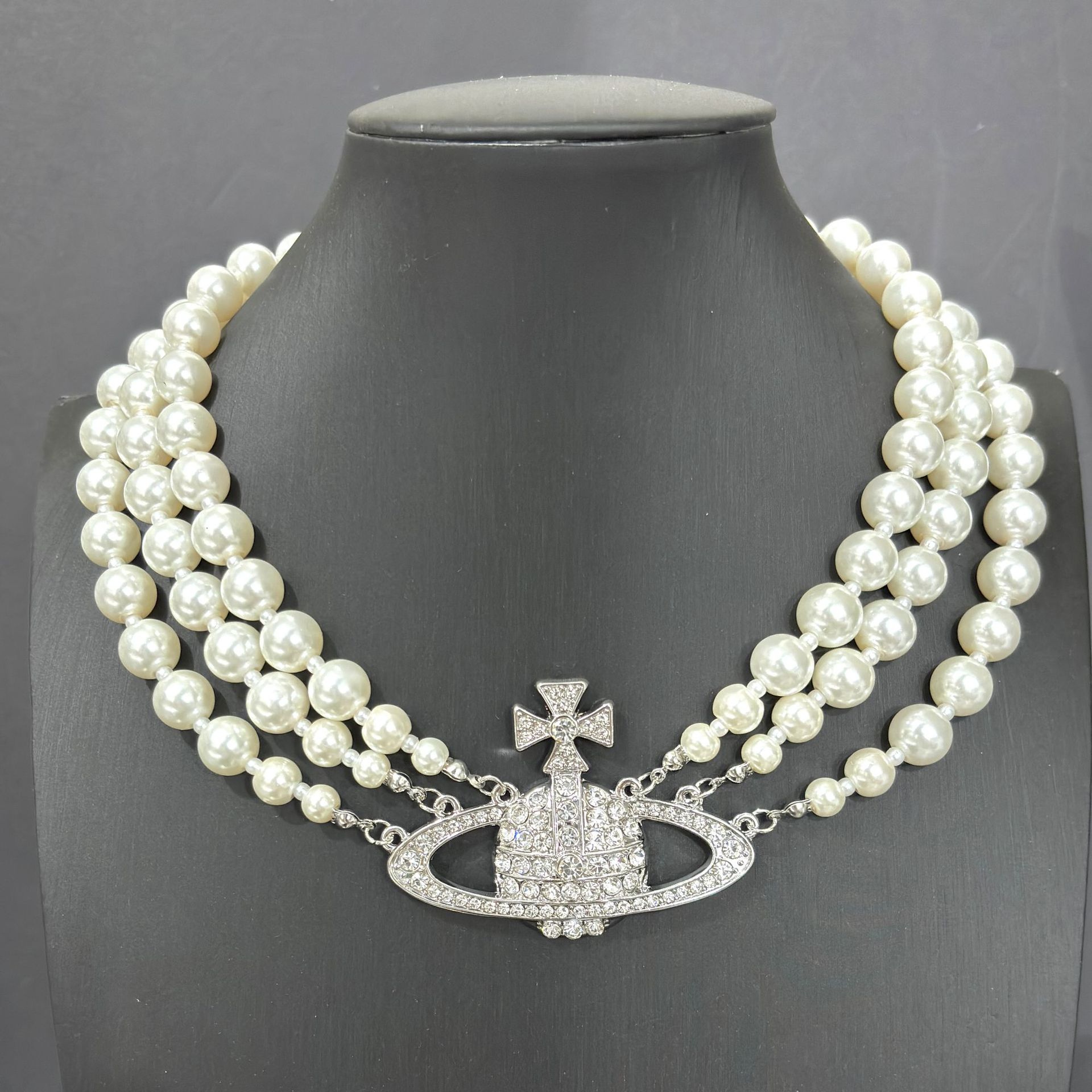 跨境爆款时尚复古三层亚克力珍珠满钻大土星项链夸张锁骨链颈链潮详情1