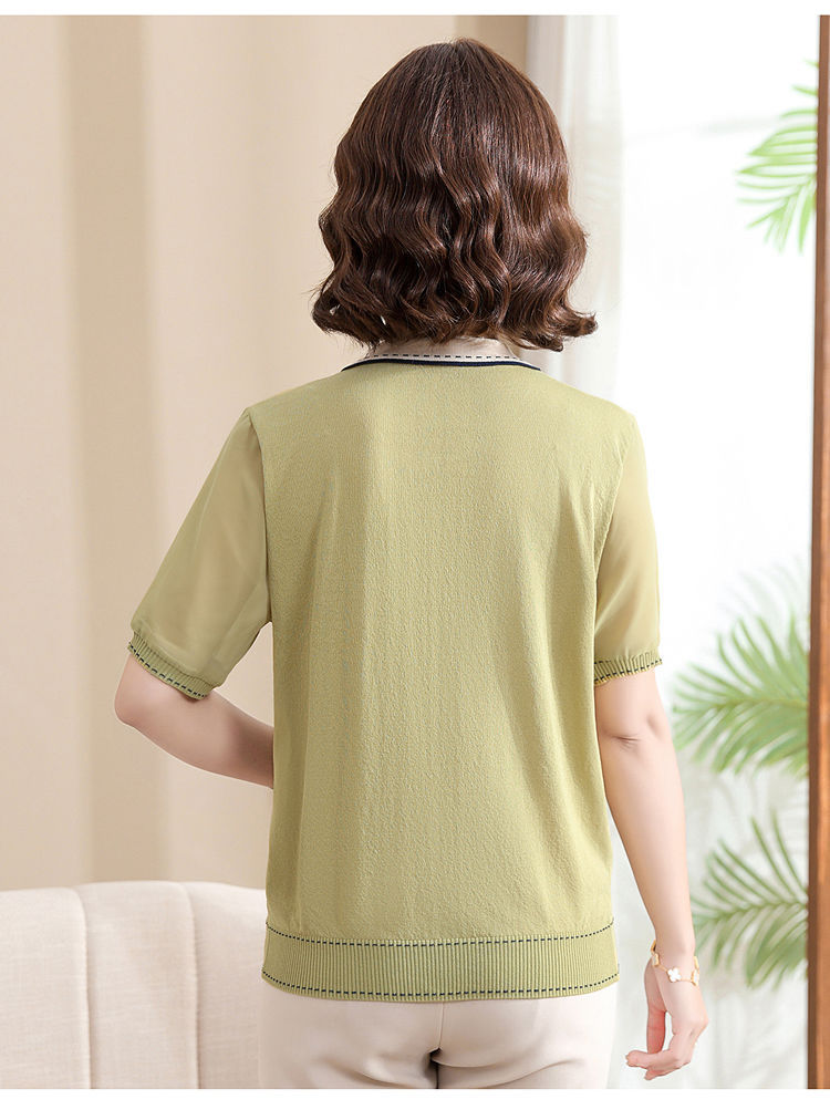 妈妈夏装短袖针织翻领T恤中老年女装冰丝上衣遮肚子薄款小衫套装详情23