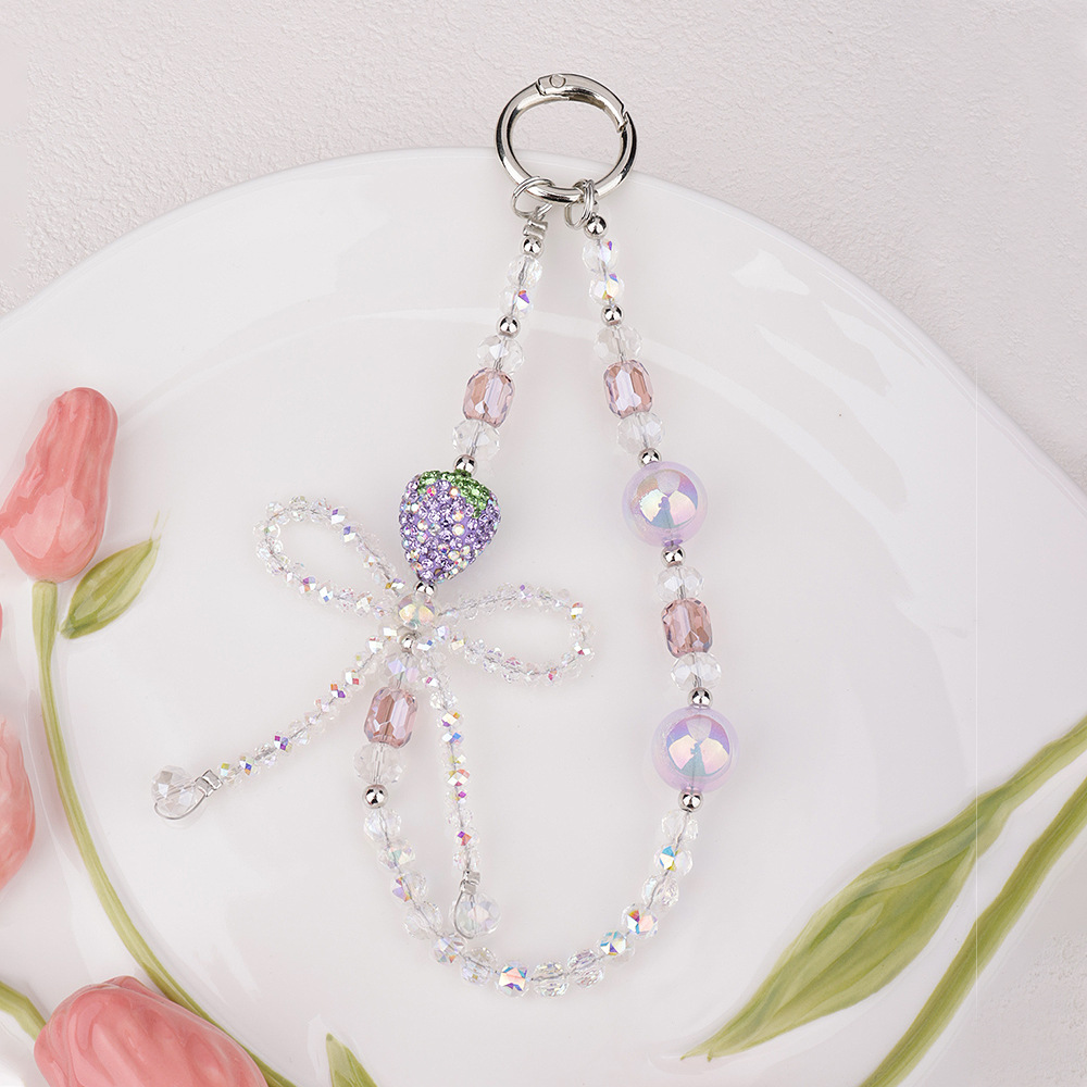 爆闪水钻水晶草莓蝴蝶结手机链带扣钥匙包包串珠挂链手机挂绳挂饰详情8