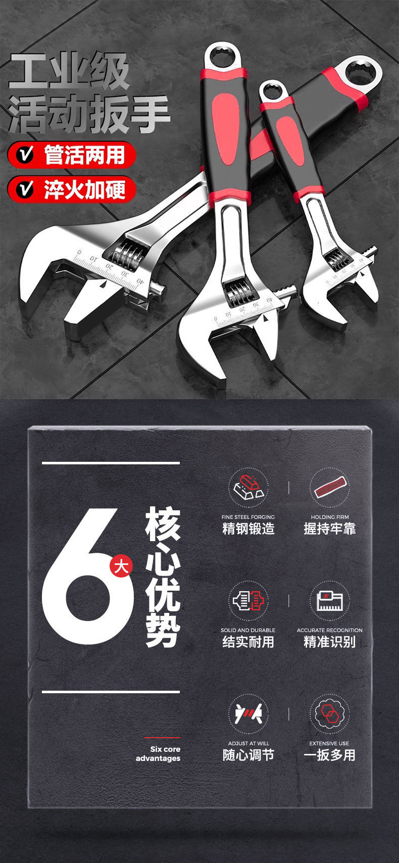 活动扳手 工业级8寸包胶防滑活口扳手万能大开口扳子活络扳手批发详情1