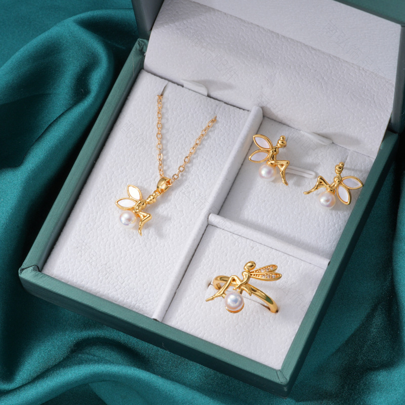 Pearl ring, earneedle pendant, three-piece set, empty stand, four-petal flower, white butterfly shell design, high-end DIY light luxury earrings pic 29