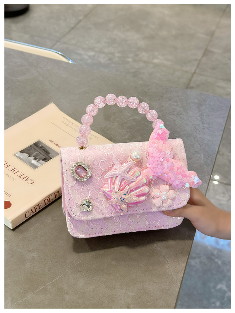 新款儿童珍珠手提包可爱美人鱼蕾丝公主包女宝时尚游玩搭配斜挎包详情9