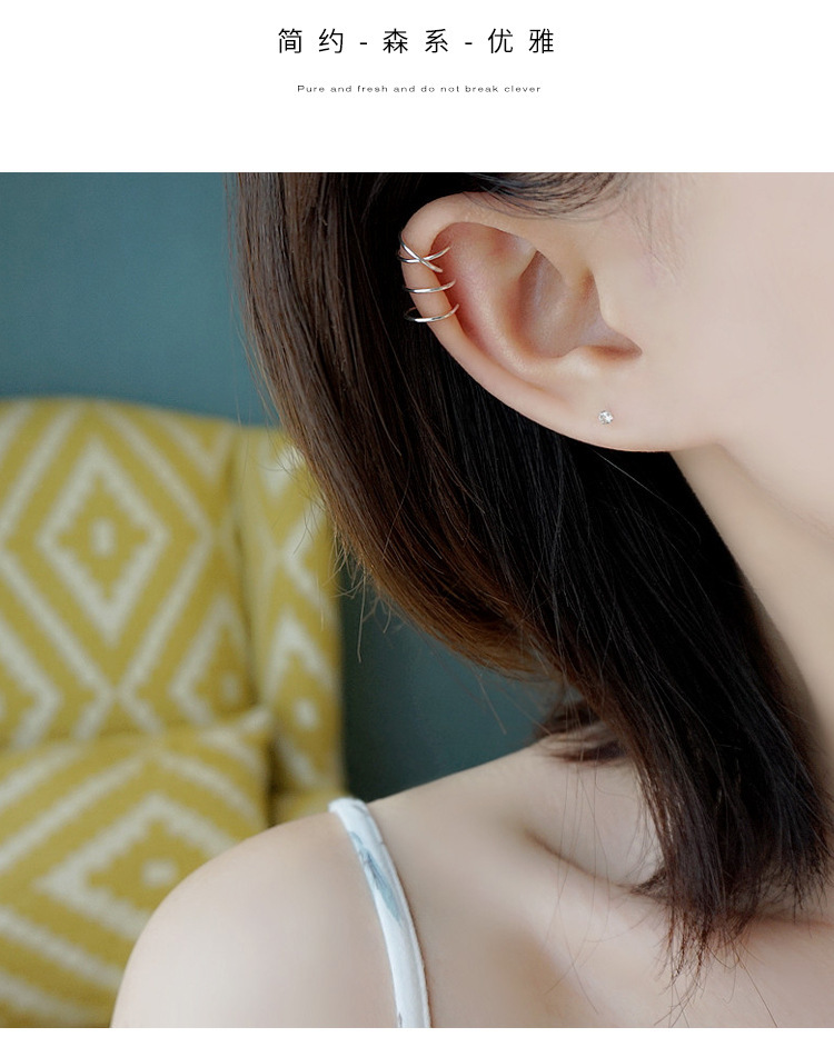 s925 Silver double-line cross ear clips, 2023 New style, trendy, cool and niche, ins black ear clips without ear holes for women pic 7