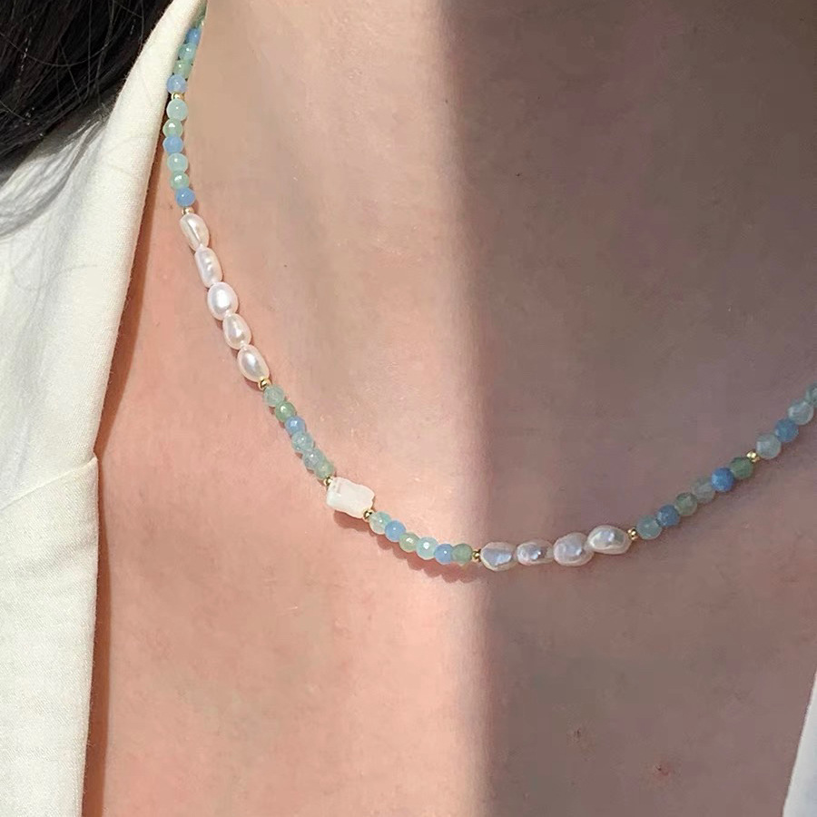 海蓝宝天然石贝母幸运草项链气质淡水珍珠贝壳蓝绿串珠小清新项链详情6