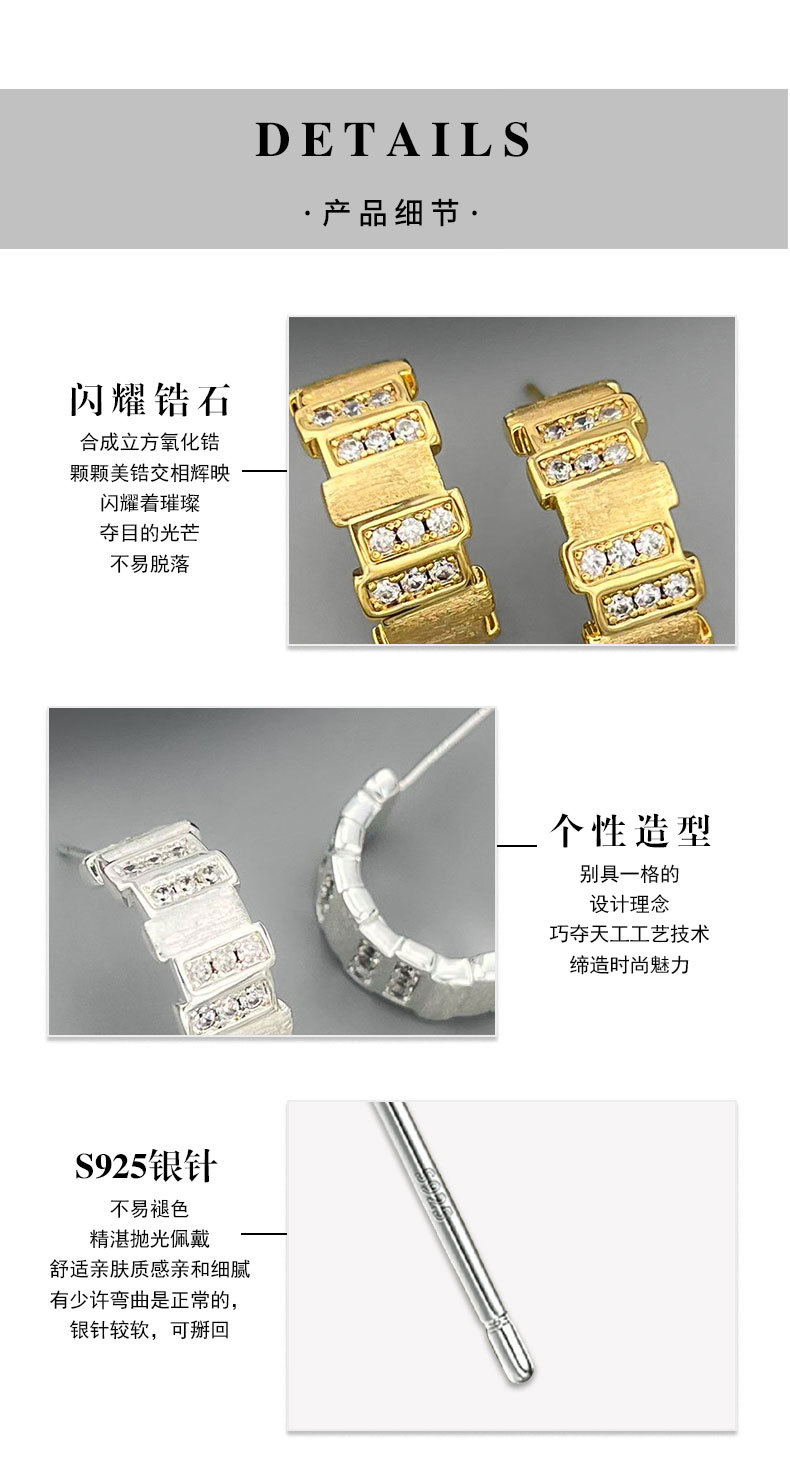 都市轻奢机械风表链耳环铜合金真金电镀拉丝镶锆s925银针百搭耳饰详情5