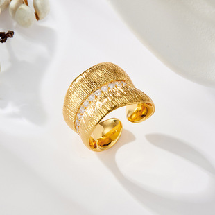 Light luxury retro geometric square brushed open ring, copper alloy real gold electroplated natural stone adjustable index finger ring pic 1