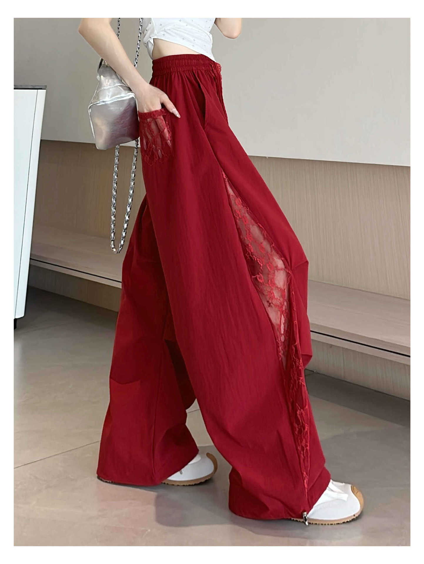 夏季薄款百搭蕾丝工装裤女2025新款镂空拼接宽松阔腿直筒裤子详情12