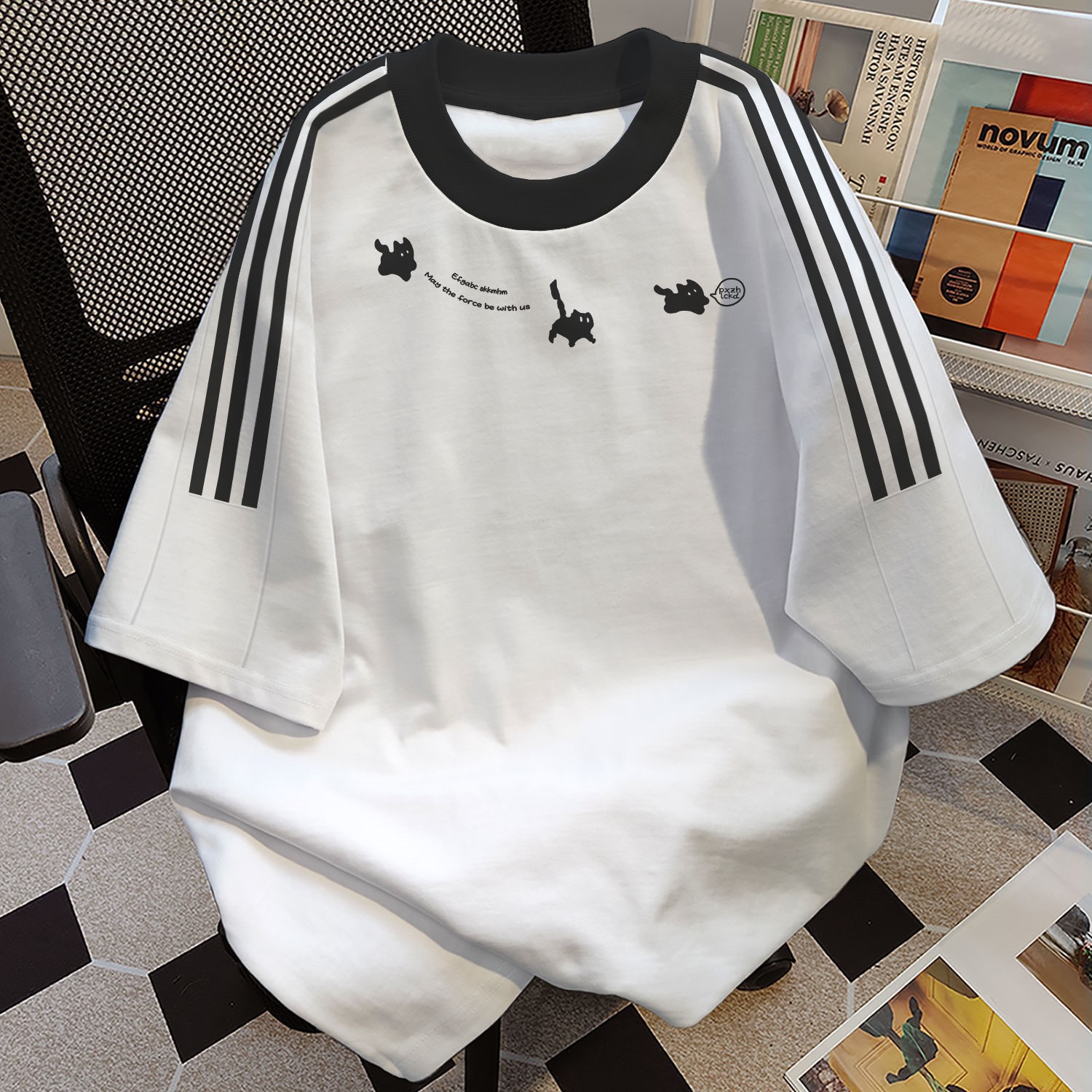 美式纯棉三条杠短袖t恤男复古夏季圆领宽松百搭慵懒感情侣上衣服详情2