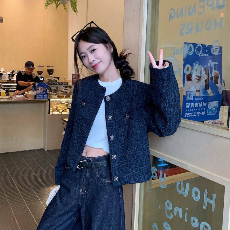 Navy blue short chanel-style coat for women, a new single-breasted retro high-end loose long-sleeved top for autumn and winter 2025 pic 5