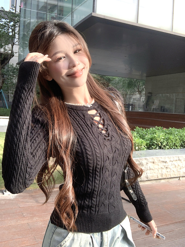 白色圆领镂空针织衫女秋冬修身长袖麻花毛衣打底内搭辣妹紧身上衣详情27