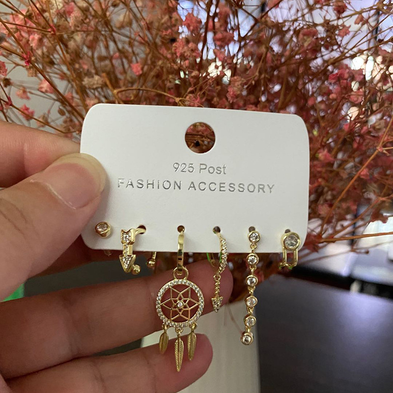 Six sets of high-end Korean-style earrings and earrings with a fashionable and versatile dreamcatcher micro-inlay zircon tassel arrown ear clip pic 3