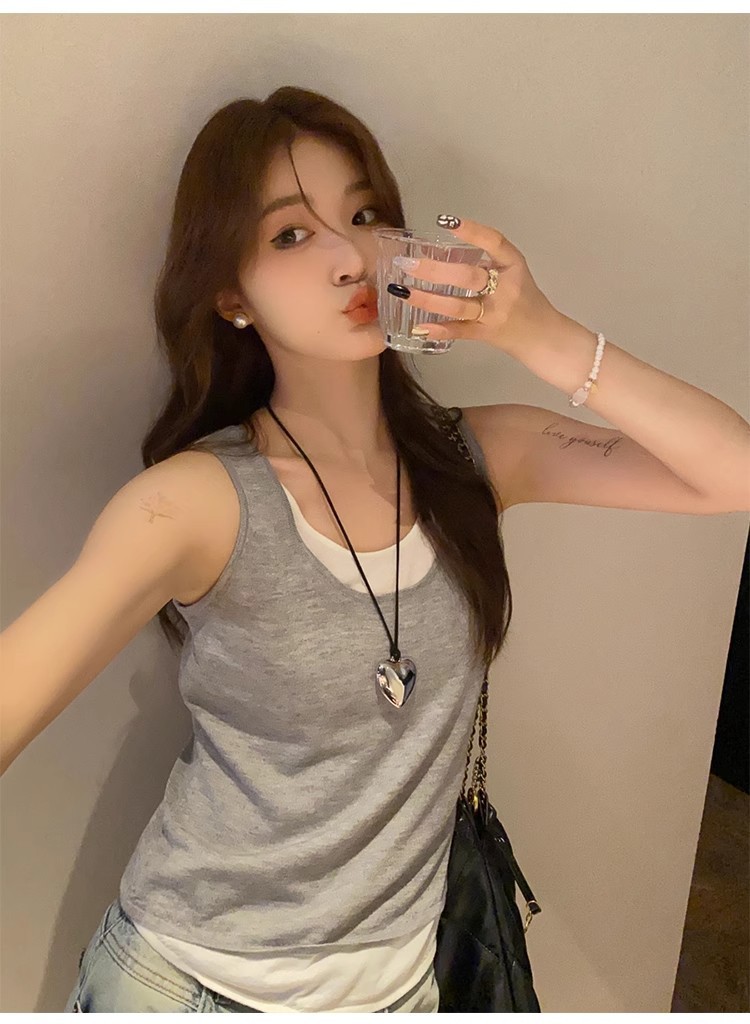 新款慵懒风撞色宽松背心假两件吊带小背心夏季女装内搭夏外穿上衣详情14