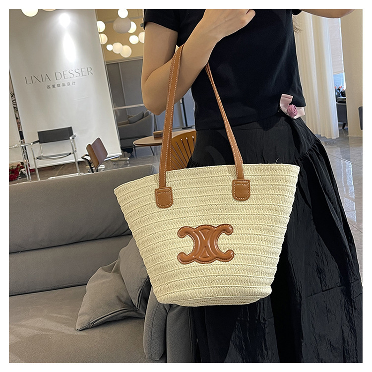 单肩草编包女士手提包大容量夏日旅游沙滩包手工编织菜篮子腋下包详情27