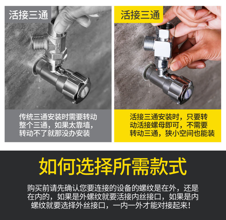 All-copper union three-way Angle valve, thickened one-inlet and two-outlet water divider, four-head adapter, water pipe with switch union pic 5