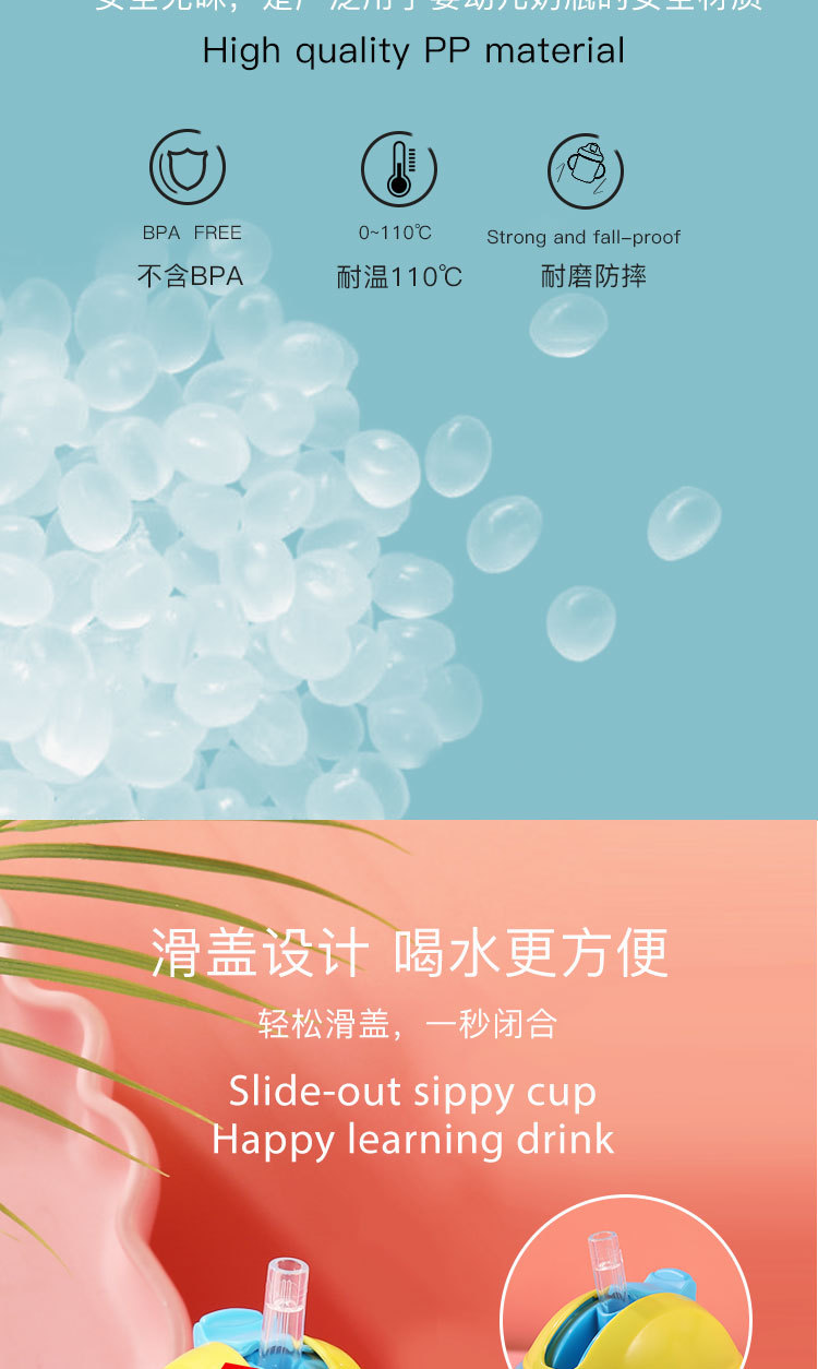 跨境大口径婴幼儿吸管学饮杯儿童喝水防尘滑盖训练PP水杯母婴用品详情4