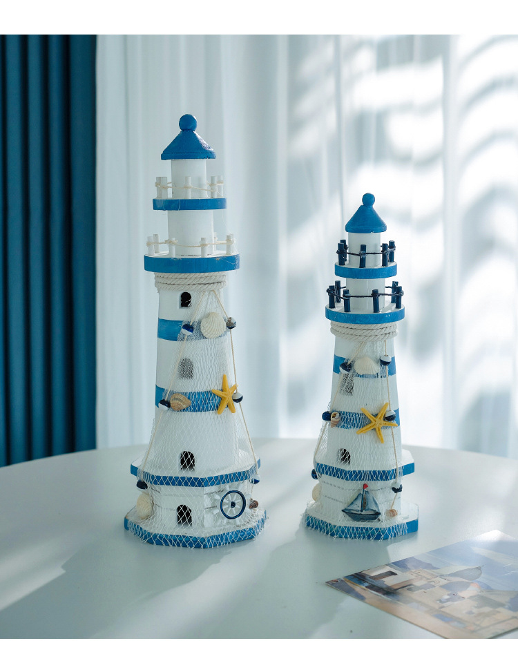 蓝白条纹大号舵灯塔海洋灯塔瞭望塔地中海风格家饰摆件手工木质详情9