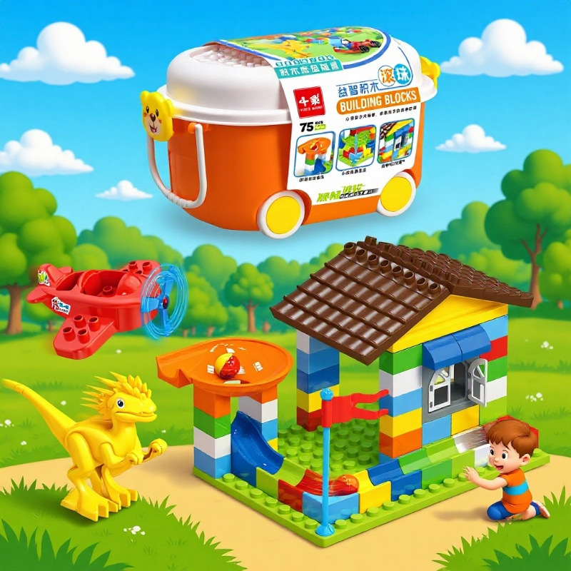 儿童益智积木玩具收纳盒兼容大颗粒滚珠益智滑道多功能萌趣收纳拖详情5