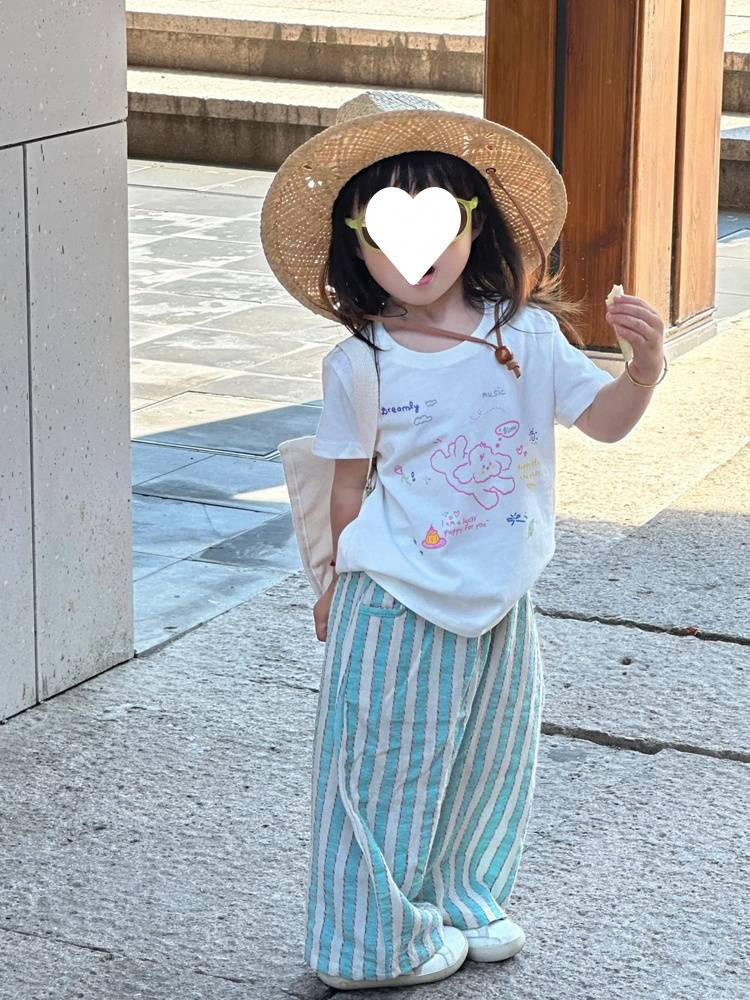 童装儿童套装夏季男女童卡通短袖T恤上衣条纹防蚊裤两件套薄Z034详情3