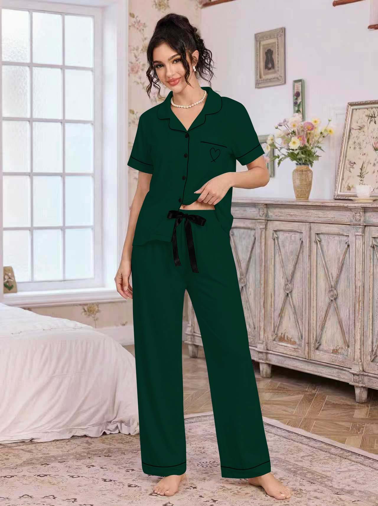 亚马逊欧美家居服套装翻领开衫短袖长裤爱心绣花睡衣女外贸独立站详情34